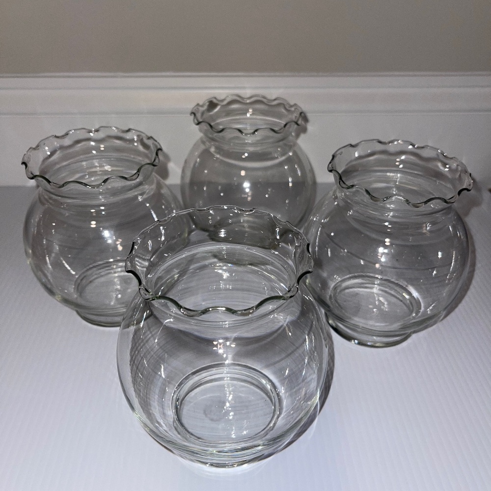 4 Round Clear Glass 5” Vases Ruffle Edge